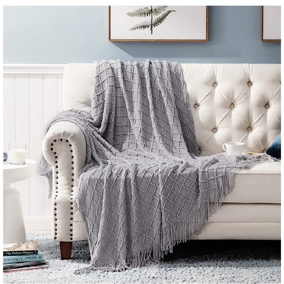 Navy Blue Diamond Bohemian Home Tassel Knit Throw Cozy Fringe Patterned Blanket - Picture 6 of 16